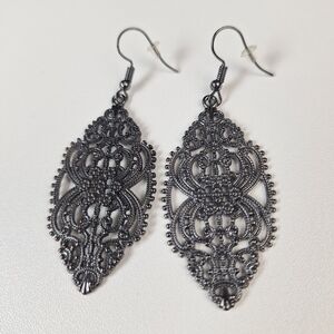 Black Filigree Dangle Earrings Gunmetal Ornate Gothic
